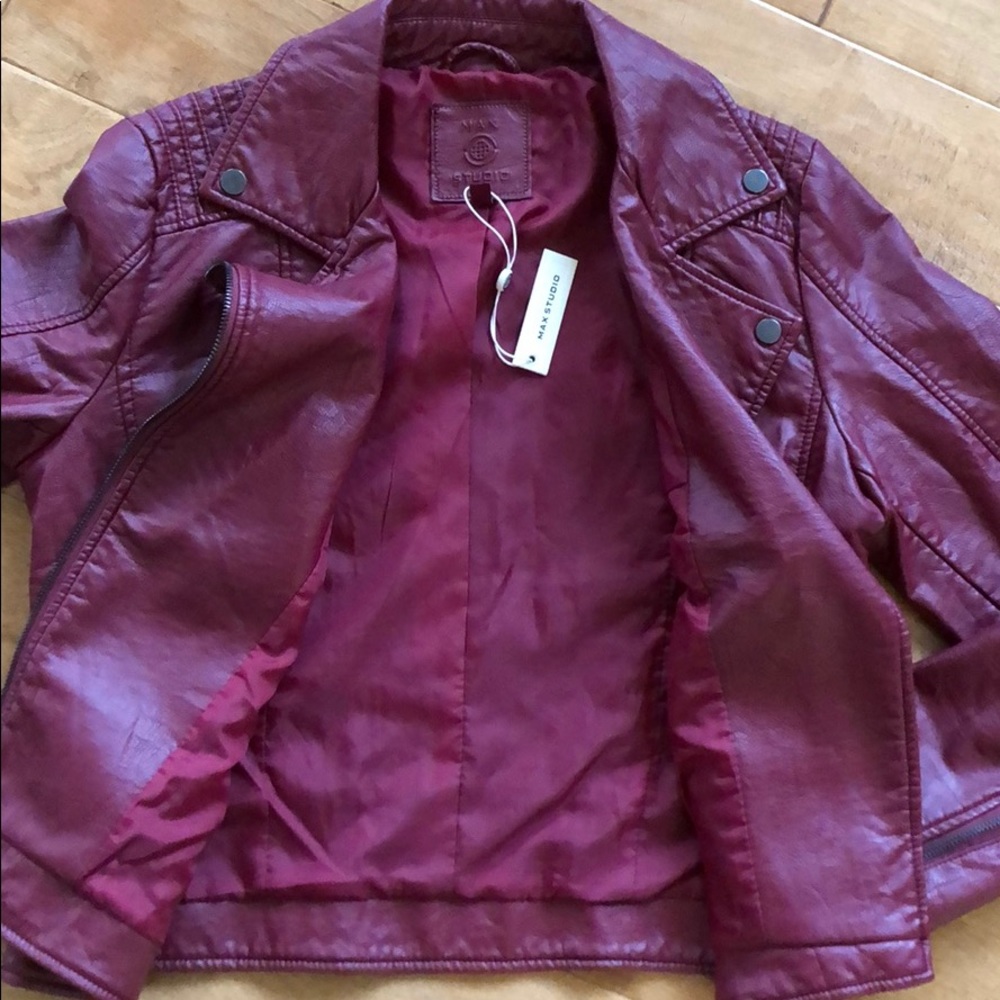 Red Vegan Leather Biker Jacket Max Studio Small - Picture 3 of 4